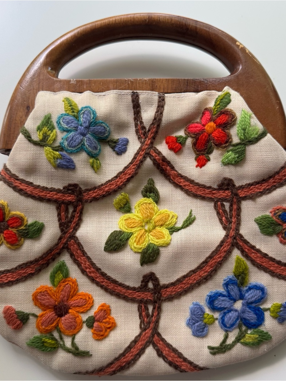 Vintage 70s Crewel Embroidered Bermuda Handbag - Picture 2 of 10